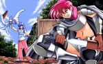  angry armor artist_request blue_hair blue_sky forest hat hercequary knife mountain nature pc98 pink_hair pink_legwear reika_(hercequary) roza_(hercequary) sky sword throwing weapon 