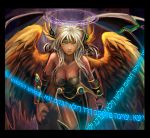  1girl angel_wings aqua_eyes archangel_metatron_(p&amp;d) breasts cleavage dark_skin magic_circle monkichi puzzle_&amp;_dragons solo white_hair wings 