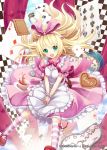  1girl alice_in_wonderland blonde_hair cookie dress food green_eyes hair_bow happy long_hair official_art open_mouth ribbon smile solo striped_legwear valkyrie_crusade 