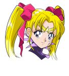  1girl aterumichino bishoujo_senshi_sailor_moon bishoujo_senshi_sailor_moon_another_story blonde_hair blue_eyes bow earrings facial_mark hair_bow jewelry long_hair sin_(sailor_moon) smile solo tattoo tiara twintails 