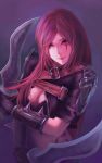  1girl absurdres armor black_gloves blue_eyes breasts bust bzerox cleavage dagger dual_wielding gloves highres katarina_du_couteau league_of_legends lips long_hair midriff pink_hair scar smile solo tattoo weapon 