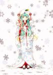  1girl green_eyes green_hair hatsune_miku japanese_clothes kimono long_hair snowflakes solo uchikake vocaloid yuki_miku 