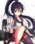  1girl black_hair breasts gloves kantai_collection long_hair midriff nikkunemu personification ponytail red_eyes single_thighhigh solo thighhighs white_gloves yahagi_(kantai_collection) 