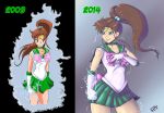  1girl bishoujo_senshi_sailor_moon brown_hair choker comparison earrings elbow_gloves electricity gloves green_eyes hair_bobbles hair_ornament jewelry kino_makoto long_hair magical_girl ponytail progress randomboobguy revision sailor_collar sailor_jupiter skirt smile solo tiara 