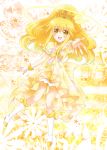  1girl asahi_tooru bike_shorts blonde_hair boots bowtie brooch choker cure_peace dress halo highres jewelry kise_yayoi knee_boots long_hair magical_girl outstretched_hand payot precure princess_form_(smile_precure!) shorts_under_skirt skirt smile smile_precure! solo star tiara yellow yellow_background yellow_dress yellow_eyes yellow_skirt 