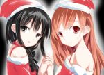  2girls bangs black_eyes black_hair blunt_bangs blush braid breasts brown_eyes brown_hair hat interlocked_fingers kantai_collection kitakami_(kantai_collection) long_hair multiple_girls nirap ooi_(kantai_collection) personification santa_hat 