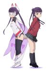  2girls belt black_legwear boots buruma cape double_bun dual_persona heart katatsuka_kouji komadori_renge long_hair long_sleeves mask multiple_girls purple_hair ribbon_trim school_uniform sekai_seifuku:_bouryaku_no_zvezda shoes skirt socks thighhighs twintails very_long_hair violet_eyes white_background white_robin 