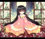  1girl black_hair blush branch dress full_moon highres hime_cut houraisan_kaguya japanese_clothes jeweled_branch_of_hourai letterboxed long_hair moon sky smile solo star_(sky) starry_sky touhou violet_eyes xe-cox 