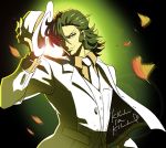  1boy bevel black_hair formal gloves green_hair hat holding holding_hat kill_la_kill leaf mikisugi_aikurou necktie solo suit 