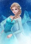  1girl aqua_eyes blonde_hair blue_dress braid bryanth dress elsa_(frozen) frozen_(disney) highres long_hair looking_at_viewer single_braid smile snow solo 