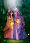  2girls absurdres animal_ears bamboo bamboo_forest black blue_eyes blush brown_eyes floral_print flower forest fox_ears fox_tail hair hair_flower hair_ornament highres holding japanese_clothes kimono kitsune lantern long_hair long_sleeves looking_at_another looking_at_viewer multiple_girls nature open_mouth original purple_hair smile tail tsubasa_tsubasa very_long_hair wide_sleeves 