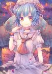  1girl ascot bat bat_wings blue_hair cross dress flower graveyard hair_flower hair_ornament hat hat_ribbon looking_at_viewer mob_cap moon orange_eyes petals pink_dress pjrmhm_coa puffy_sleeves remilia_scarlet ribbon short_sleeves smile solo touhou vines wings wrist_cuffs 