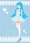  1girl blue_dress blue_eyes blue_hair blush cure_princess dress eyelashes fashion happinesscharge_precure! happy heart high_heels kagami_chihiro long_hair looking_at_viewer open_mouth polka_dot polka_dot_dress precure shoes smile solo standing thighhighs thighs white_legwear 