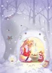  1girl animal_ears blonde_hair blush carnelian fox_ears fox_tail long_hair original smile snowing snowman solo tail 