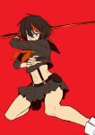  1girl black_hair blue_eyes kill_la_kill matoi_ryuuko multicolored_hair school_uniform scissor_blade senketsu serafuku short_hair skirt solo suspenders sword two-tone_hair weapon 