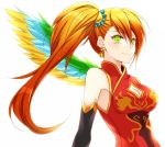  1girl bare_shoulders china_dress chinese_clothes chisa cleavage_cutout green_eyes leiran_(p&amp;d) orange_hair puzzle_&amp;_dragons side_ponytail smile solo wings 