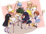  3boys 4girls arm_wrestling baton_(instrument) black_hair blonde_hair blue_hair boots brown_hair cheering desk epaulettes flag gamagoori_ira glasses green_hair hat hisagi-y4 inumuta_houka jakuzure_nonon junketsu katana kill_la_kill kiryuuin_satsuki long_hair mankanshoku_mako mask matoi_ryuuko multicolored_hair multiple_boys multiple_girls pink_hair pleated_skirt redhead sanageyama_uzu school_uniform senketsu serafuku shako_cap short_hair shoulder_pads single_glove skirt spiked_shoulders suspenders sword thigh_boots thighhighs two-tone_hair uniform weapon 