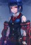  1girl blue_hair gauntlets kfr necktie original rain red_eyes shirt short_hair solo 