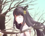  1girl bare_shoulders black_hair breasts cherry_blossoms closed_eyes fusou_(kantai_collection) hair_ornament huziki1979hiro0818 japanese_clothes kantai_collection long_hair nontraditional_miko personification smile solo tree 