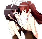  2girls animal_ears bangs black_eyes black_hair blunt_bangs blush bowtie braid breasts brown_eyes brown_hair bunnysuit cleavage kantai_collection kitakami_(kantai_collection) long_hair multiple_girls nirap ooi_(kantai_collection) personification rabbit_ears wrist_cuffs 