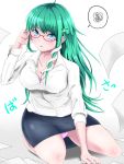  1girl adjusting_glasses bespectacled blue_eyes breasts detached_sleeves frog_hair_ornament glasses green_hair hair_ornament hairclip highres hybrid_(artist) kochiya_sanae long_hair office_lady panties pantyshot papers pink_panties red-framed_glasses semi-rimless_glasses shirt skirt snake_hair_ornament solo touhou underwear 