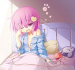  1girl akirame alarm_clock bed blanket clock collarbone flat_chest heart komeiji_satori off_shoulder open_clothes open_mouth open_shirt pillow pink_eyes pink_hair rubbing_eyes sitting sitting_on_bed solo third_eye touhou waking_up wink yawning 