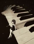  1girl 456 closed_eyes dress highres instrument long_hair mary_janes monochrome night night_sky original piano shoes sitting sky star_(sky) wand 