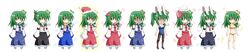  1girl blush bunny_girl bunnysuit detached_sleeves expressive_clothes frog_hair_ornament green_hair hair_ornament high_heels highres kochiya_sanae long_image lum lum_(cosplay) navel osashin_(osada) reisen_udongein_inaba reisen_udongein_inaba_(cosplay) santa_costume school_uniform smile snake_hair_ornament snow_bunny touhou urusei_yatsura wide_image 