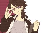  1boy bespectacled brown_hair clipboard collarbone fudou_akio glasses inazuma_eleven_(series) inazuma_eleven_go inazuma_eleven_go_galaxy jacket long_hair looking_at_viewer male older open_clothes open_jacket saku_anna simple_background solo white_background wink 