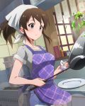  1girl apron blue_eyes brown_hair cooking cooking_pot idolmaster idolmaster_million_live! musical_note official_art plate ponytail pot satake_minako solo 