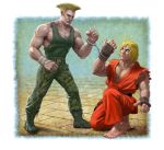  2boys barefoot blonde_hair boots combat_boots dog_tags dougi guile ken_masters kote meme mick_mcginty military multiple_boys muscle one_knee sleeveless_hoodie street_fighter street_fighter_ii tank_top 