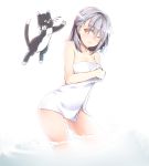  1girl blood cat glasses highres kuro_(kuronell) nosebleed partially_submerged short_hair silver_hair solo towel water wince yellow_eyes 