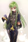  1girl bodysuit breasts c.c. code_geass creayus curvy green_hair long_hair paw_pose skin_tight solo wide_hips wide_sleeves yellow_eyes 