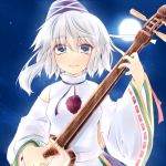  1girl bachi blush detached_sleeves full_moon grey_hair hat hirasawa_yuu instrument japanese_clothes kariginu lips mononobe_no_futo moon night plectrum ponytail shamisen short_hair silver_hair smile solo tate_eboshi touhou 