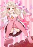  1girl elbow_gloves fate/kaleid_liner_prisma_illya fate_(series) feathers gloves hair_feathers illyasviel_von_einzbern long_hair lonico magical_girl prisma_illya red_eyes solo thighhighs two_side_up white_hair wink 