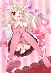  1girl elbow_gloves fate/kaleid_liner_prisma_illya fate_(series) feathers gloves hair_feathers illyasviel_von_einzbern long_hair lonico magical_girl prisma_illya red_eyes solo thighhighs two_side_up white_hair wink 