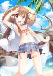  1girl bandaid bikini brown_eyes brown_hair hat long_hair original salute school_uniform sekine_irie swimsuit swimsuit_under_clothes twintails two_side_up undressing 