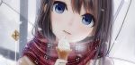  1girl blue_eyes brown_hair food ice_cream kentaurosu licking long_hair original scarf snow snowing solo tongue 