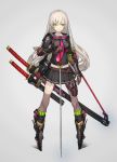  1girl green_eyes grey_hair highres long_hair original school_uniform serafuku solo sword weapon yucca-612 