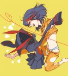  1girl barefoot black_hair closed_eyes kill_la_kill living_clothes mannneri5 matoi_ryuuko multicolored_hair pajamas panties redhead senketsu short_hair smile streaked_hair striped striped_panties two-tone_hair underwear yellow_background 