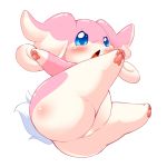  animal_ears ass audino blue_eyes blush falling hip_attack no_humans open_mouth outstretched_arms paws pokemon pokemon_(creature) pokemon_(game) simple_background tail ukan_muri white_background 