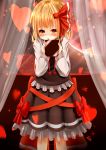  1girl absurdres black_skirt blonde_hair blush box confession curtains fang hair_ribbon heart highres long_sleeves looking_at_viewer miutolily open_mouth pov red_eyes ribbon rumia shy skirt skirt_set touhou valentine 