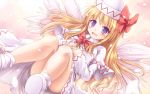  1girl blonde_hair bow dress hat highres lily_white long_hair looking_at_viewer lzh open_mouth smile solo touhou violet_eyes wings 