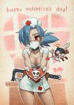  +_+ 1girl arrow averted_eyes blue_hair blush bomb bow_(weapon) box breasts choker cleavage cupid dress english eyepatch george_the_bomb gift gift_box gloves hat heart mask nurse nurse_cap official_art red_cross red_eyes saw short_dress skull skullgirls solo speh surgical_mask tagme valentine valentine_(skullgirls) weapon wings 