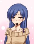  1girl blue_hair blush brown_eyes chocolate eating idolmaster kisaragi_chihaya long_hair nokokopopo smile solo sweater 