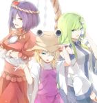  3girls blonde_hair blue_eyes detached_sleeves frog green_eyes green_hair hair_ornament hair_ribbon hat highres kochiya_sanae long_hair mikoma_sanagi moriya_suwako multiple_girls open_mouth purple_hair ribbon rope shimenawa short_hair smile snake touhou yasaka_kanako yellow_eyes 