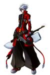  1boy absurdres blazblue boots early_type full_body gloves green_eyes hair_over_one_eye hakama highres huge_weapon jacket japanese_clothes multiple_belts ragna_the_bloodedge red_jacket silver_hair solo weapon 