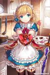  1girl blonde_hair blue_eyes blush chocolate flower garter_straps gift heart incoming_gift looking_at_viewer maid_headdress momoko_(momopoco) outstretched_arms short_hair smile solo thighhighs valentine venus_blade 