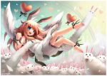  1girl animal_ears balloon barefoot blue_eyes blush brown_hair bunny_tail dress emperpep happy heart long_hair original rabbit rabbit_ears rainbow ribbon smile solo tail valentine wings 