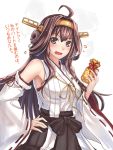  1girl ahoge ant_(fenixant) blush brown_hair detached_sleeves gift hairband hand_on_hip headgear japanese_clothes kantai_collection kongou_(kantai_collection) long_hair open_mouth personification ribbon solo translation_request valentine violet_eyes wide_sleeves 